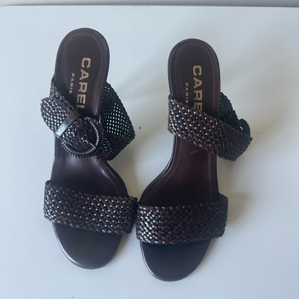 Vintage Carel Paris Brown Crochet Wicker Woven Sandal Heels 7.5